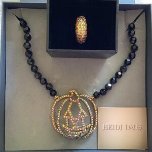 Heidi Daus "Jackie 'O" Crystal Beaded Necklace And Ring SZ 10 Set Black/AB Topaz